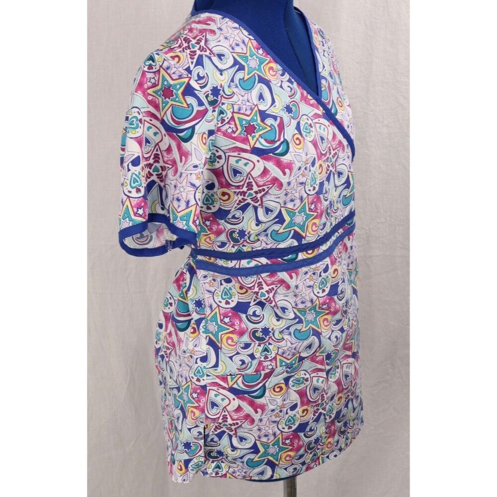 Liana Medical Scrub Top Women's XS Blue Multicolor Pattern VTG V-Neck Tie Back - Picture 8 of 11